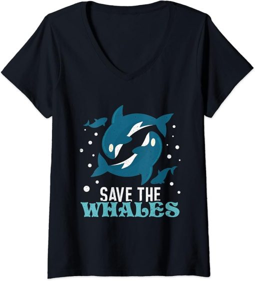 Womens Save the whales orca killer whale art design V-Neck T-Shirt