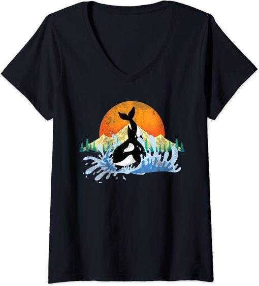 Womens Killer Whale Aquarist Gift Ocean Animal Sun Mountains Orca V-Neck T-Shirt