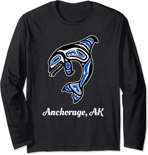 Blue Native American Anchorage AK Tribal Orca Killer Whale Long Sleeve T-Shirt