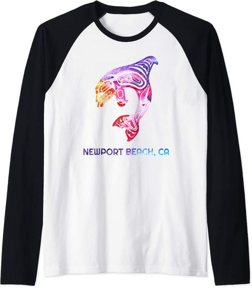 California Newport Beach Orca Killer Whale Native American Raglan Baseball Tee