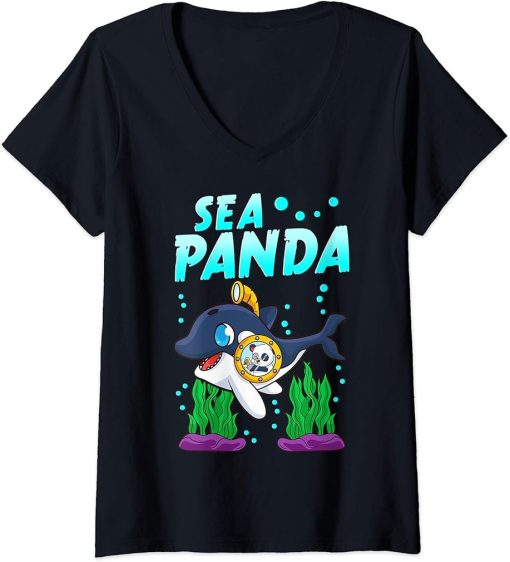 Womens Sea Panda Cute Adorable Baby Orca Whale Pun V-Neck T-Shirt