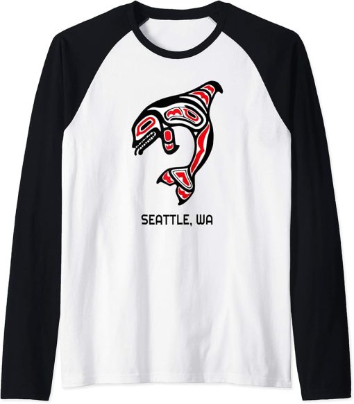 Seattle Washington Native American Indian Orca Killer Whales Raglan Baseball Tee